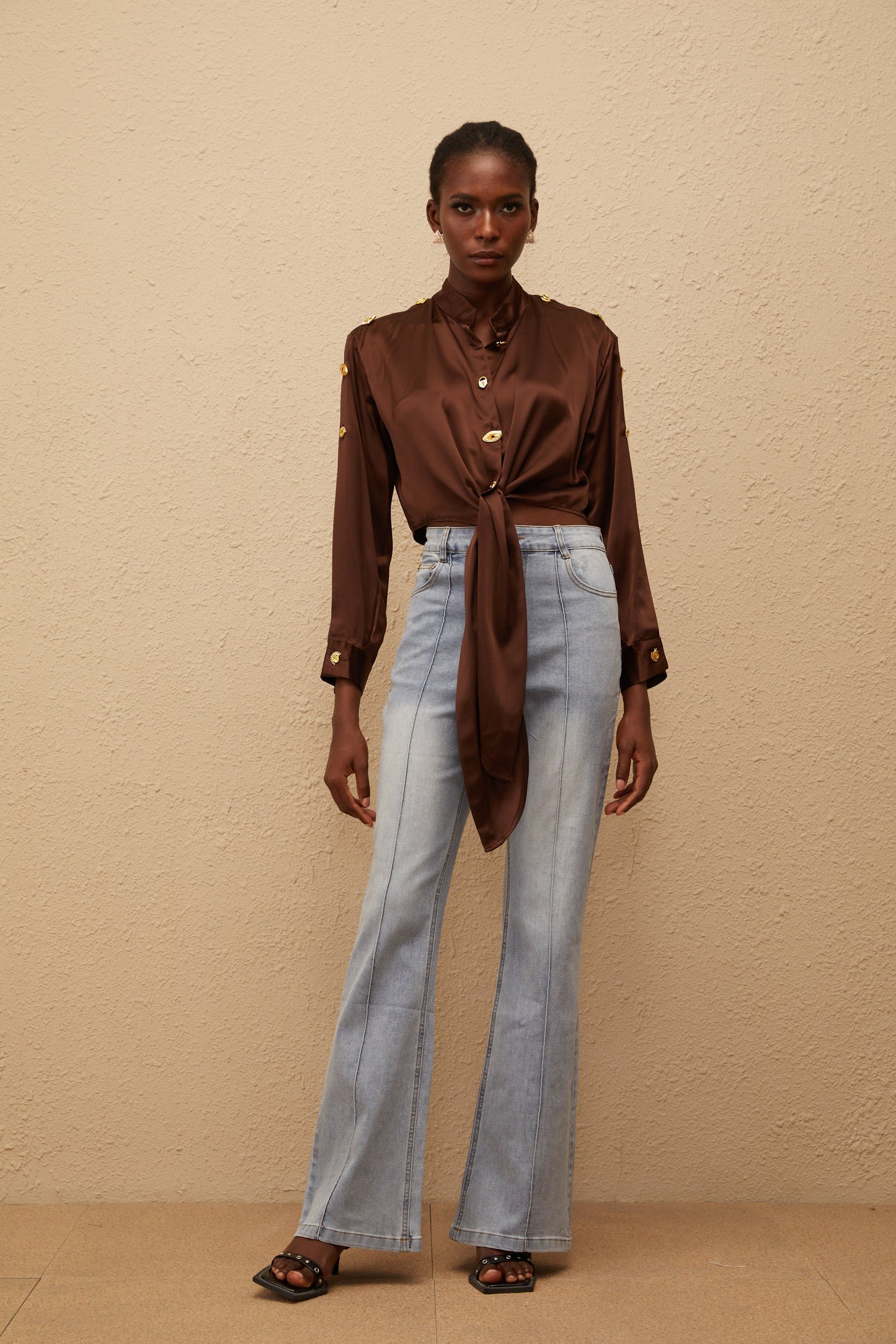 Josette Brown Satin Crop Shirt with Tie Detail