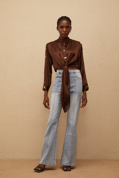 Josette Brown Satin Crop Shirt with Tie Detail