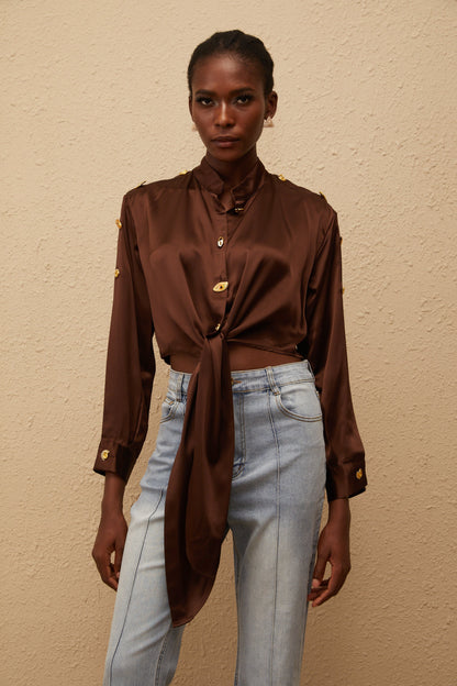 Josette Brown Satin Crop Shirt with Tie Detail