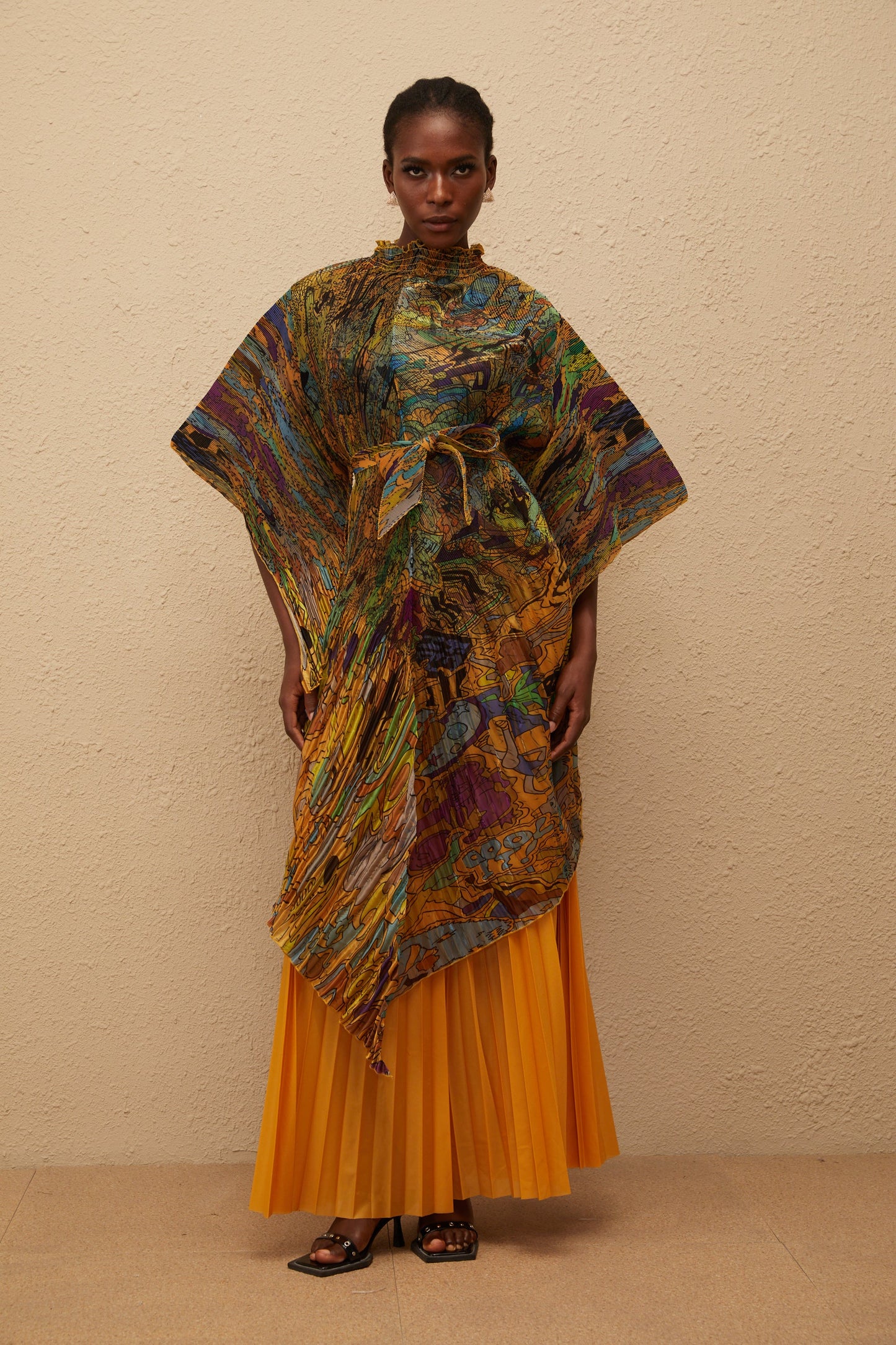 Mélodie Orange Pattern Print Pleated Blouse & Trousers Set