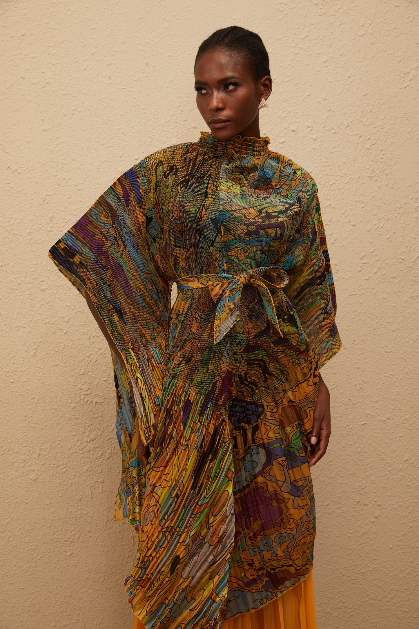 Mélodie Orange Pattern Print Pleated Blouse & Trousers Set