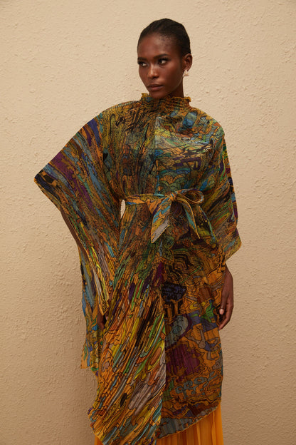 Mélodie Orange Pattern Print Pleated Blouse & Trousers Set