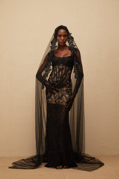 Bertille Black Floral Lace Corset Maxi Dress