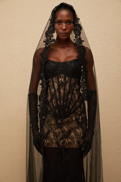 Bertille Black Floral Lace Corset Maxi Dress