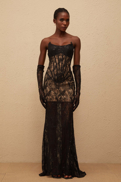 Bertille Black Floral Lace Corset Maxi Dress