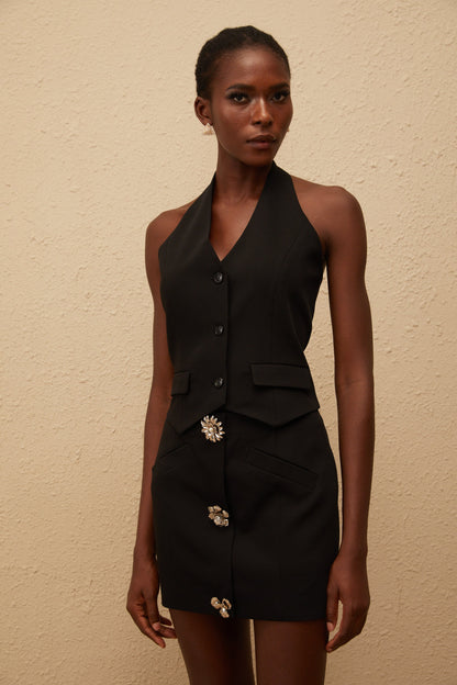 Marina Black Floral Appliqué Skirt