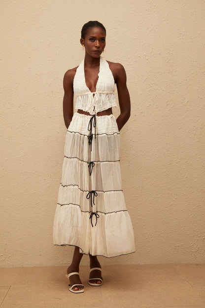 Aveline Cream White Bowknot Shirred Top & Skirt Set