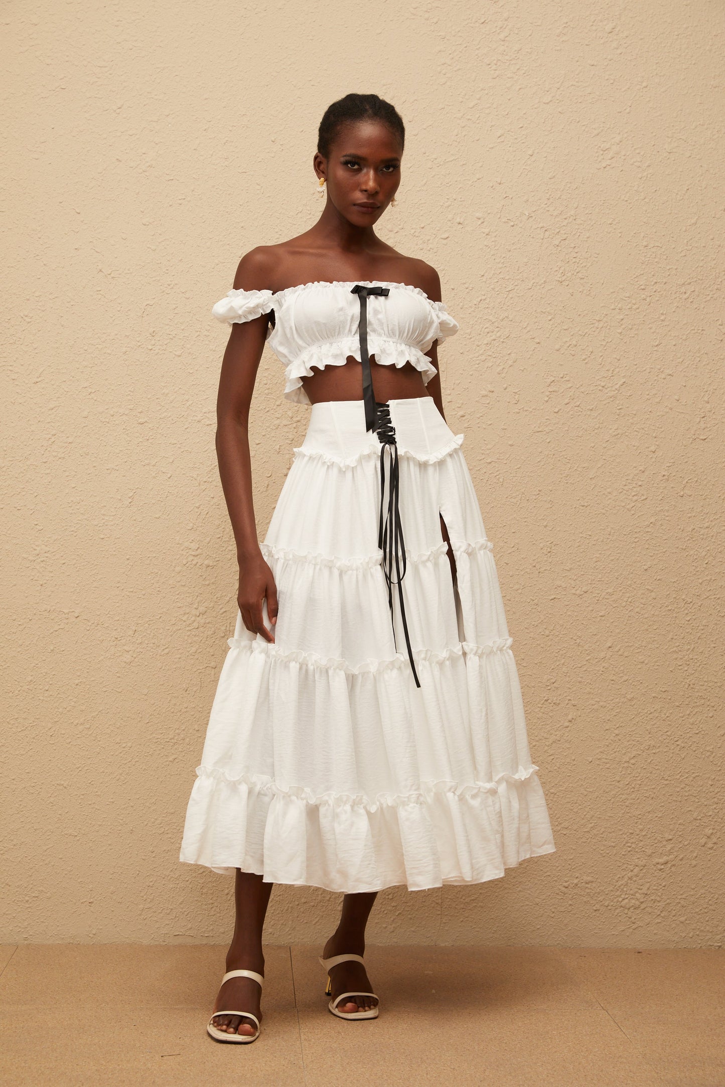 Théoline White Ruffled Trim Shirred Top & Skirt Set