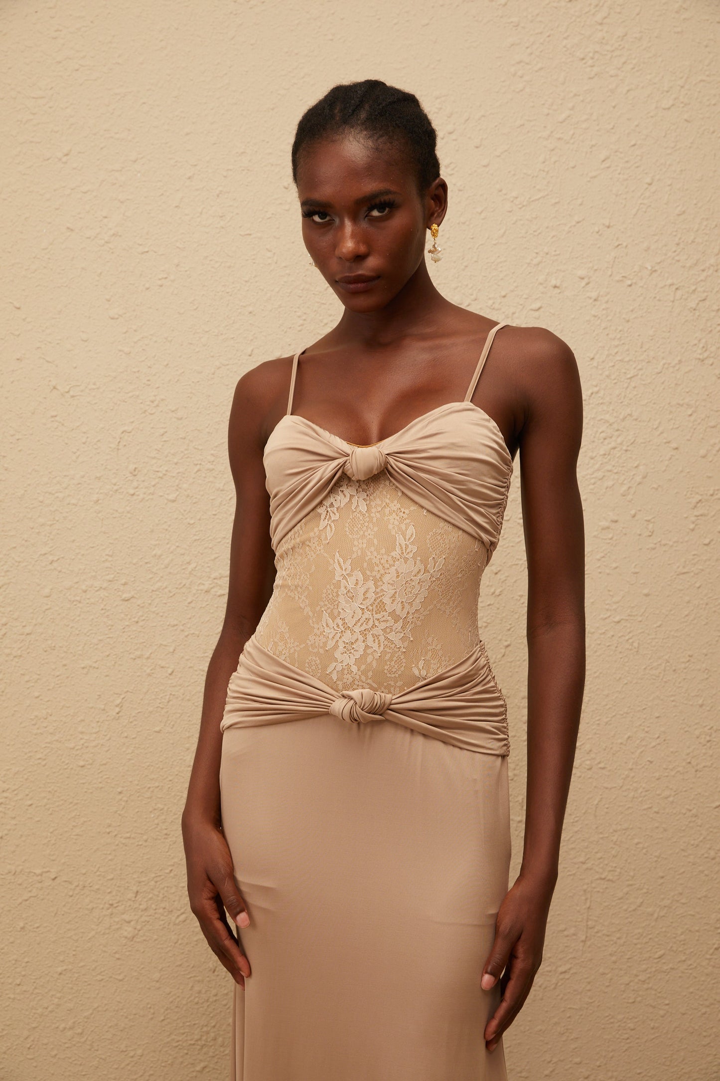 Nevaeh Khaki Twisted Lace Panel Maxi Dress