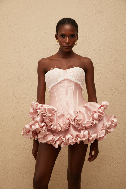 Laurine Pink Ruffled Satin Mini Dress