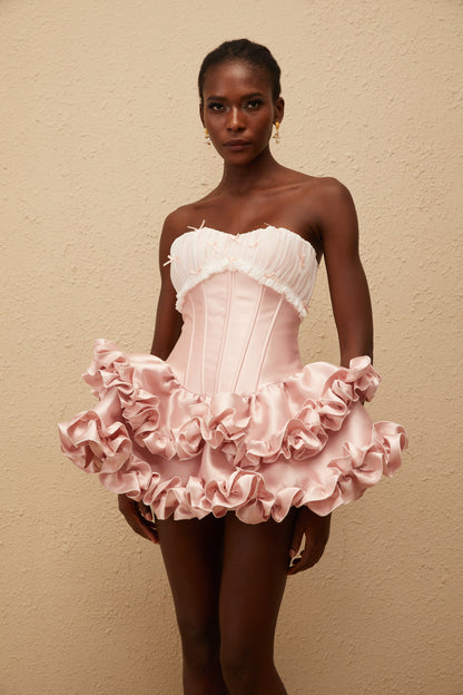 Laurine Pink Ruffled Satin Mini Dress