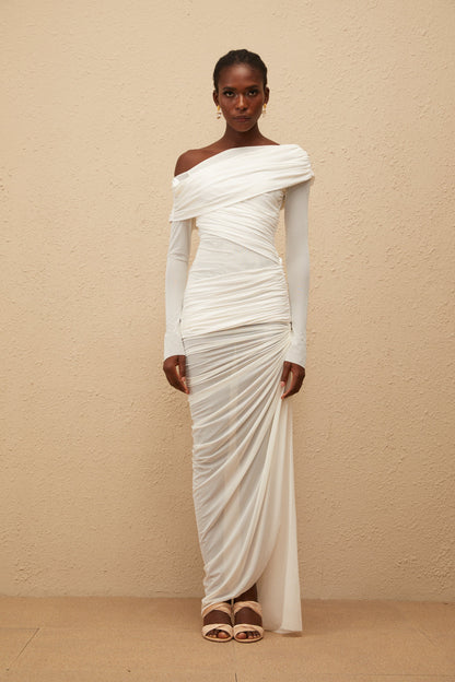 Melanie White Asymmetrical Ruched Mesh Maxi Dress