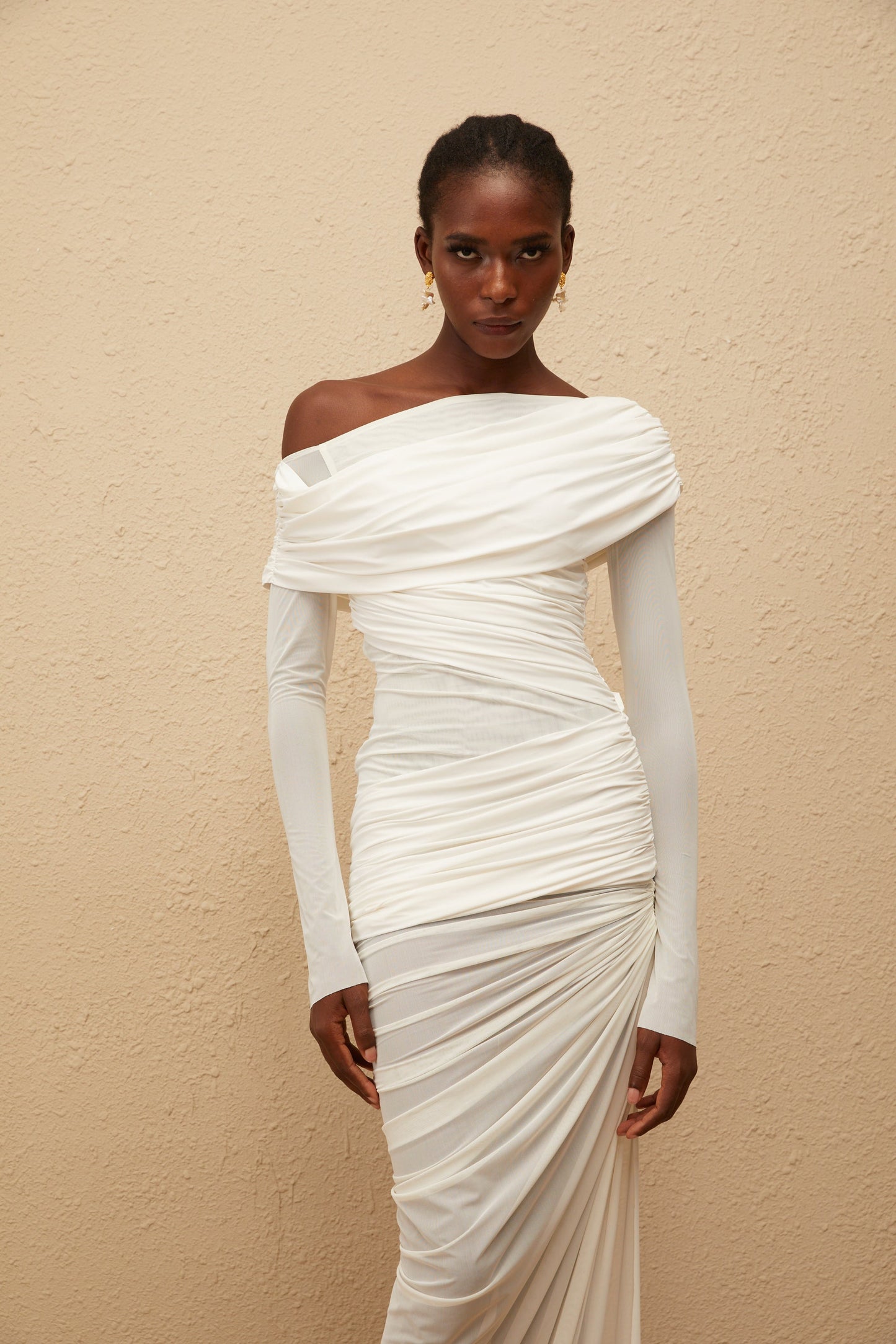 Melanie White Asymmetrical Ruched Mesh Maxi Dress