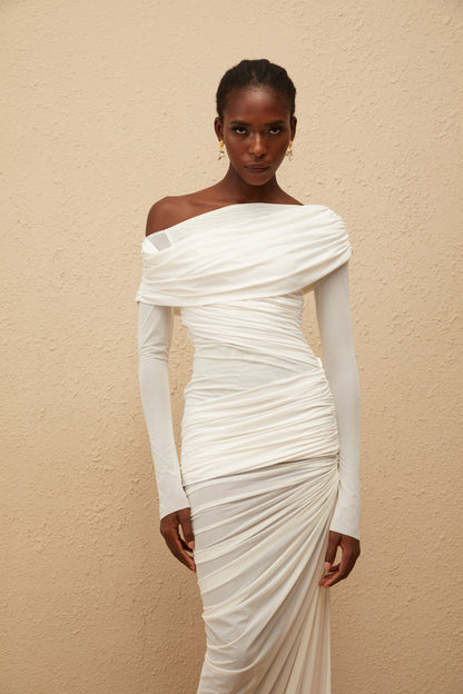 Melanie White Asymmetrical Ruched Mesh Maxi Dress