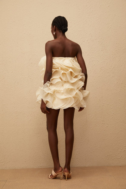Ruby White 3D Petal Layered Mini Dress