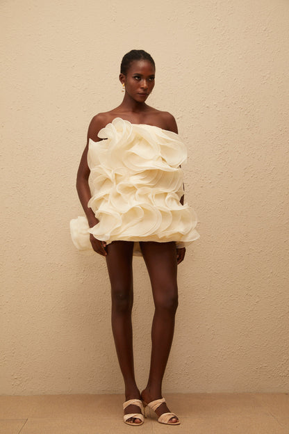 Ruby White 3D Petal Layered Mini Dress