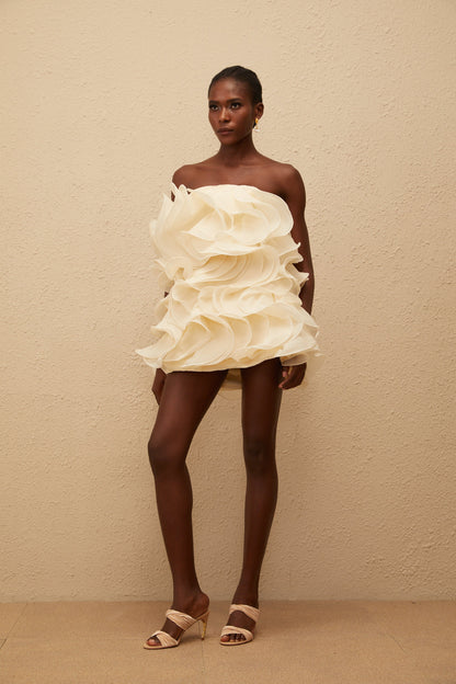 Ruby White 3D Petal Layered Mini Dress