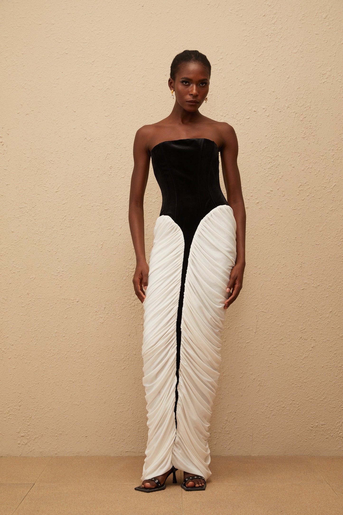 Iris Black Velvet Panel Ruched Maxi Dress