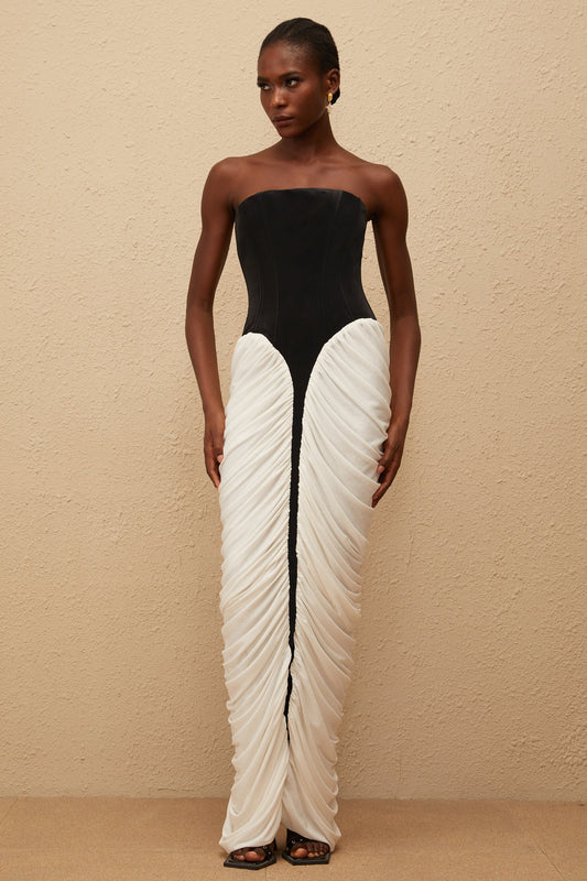 Iris Black Velvet Panel Ruched Maxi Dress