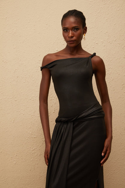 Samantha Black Asymmetrical Gathered Maxi Dress