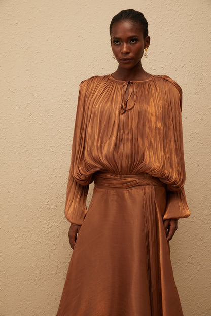 Eugénie Pleated Ruffle Maxi Dress in Brown