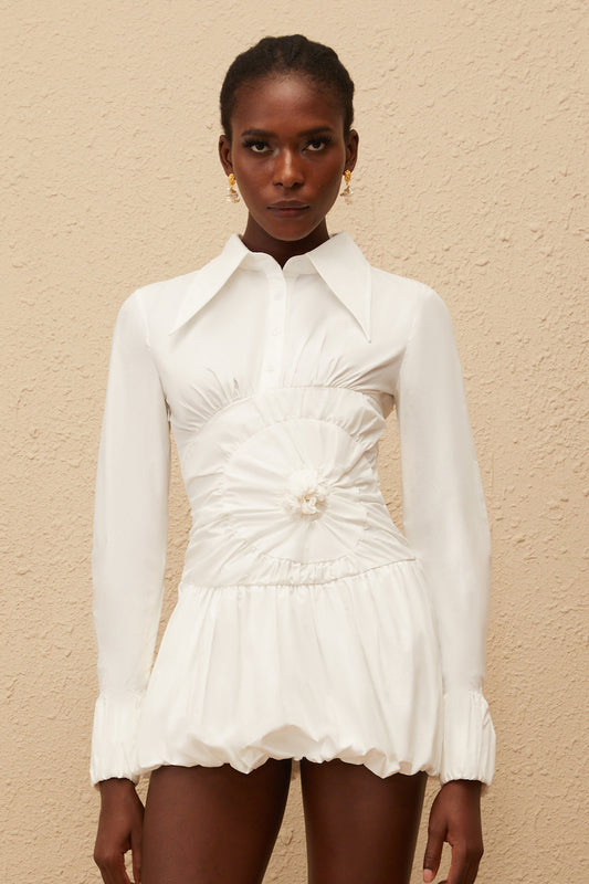 Marion White Ruched Mini Shirt Dress