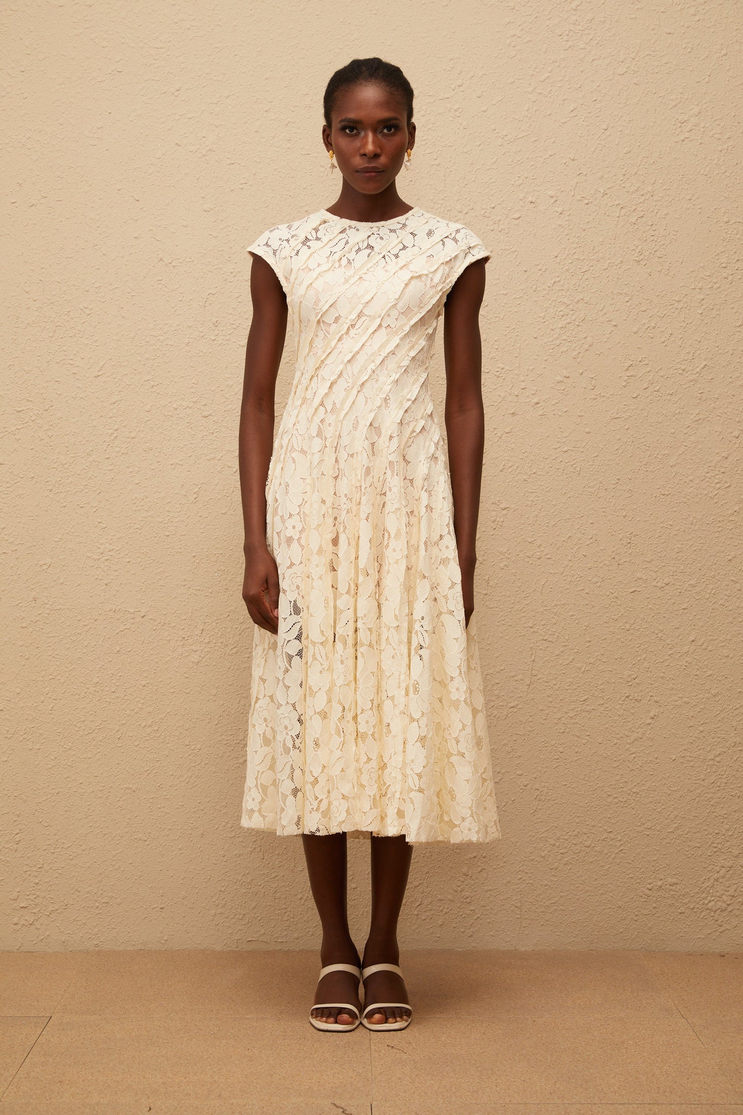 Adèle Neutral Floral Lace Midi Dress