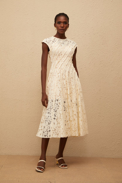 Adèle Neutral Floral Lace Midi Dress