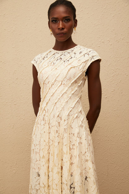 Adèle Neutral Floral Lace Midi Dress