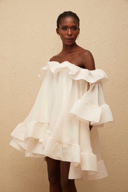 Flavie White Off Shoulder Ruffled Mini Dress