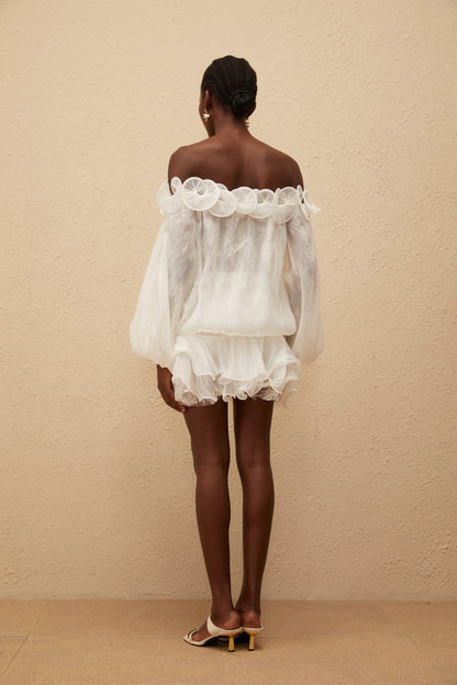 Elise White Crinkled Floral Appliqué Mini Dress