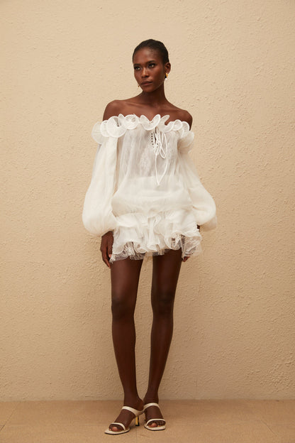 Elise White Crinkled Floral Appliqué Mini Dress