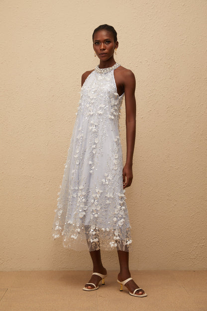 Quitterie Blue Embellished Floral Tulle Midi Dress