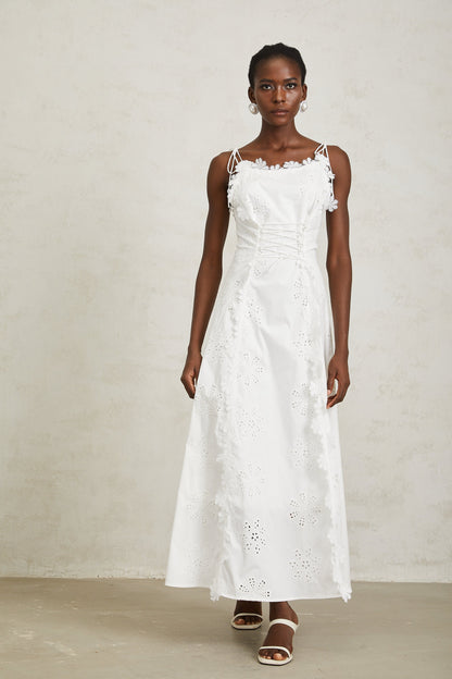 Nevaeh White Sleeveless Floral Embroidered Maxi Dress