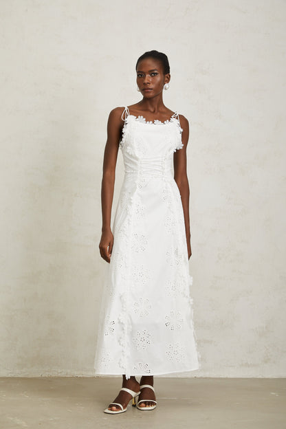 Nevaeh White Sleeveless Floral Embroidered Maxi Dress
