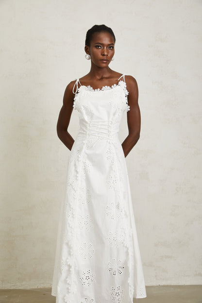 Nevaeh White Sleeveless Floral Embroidered Maxi Dress