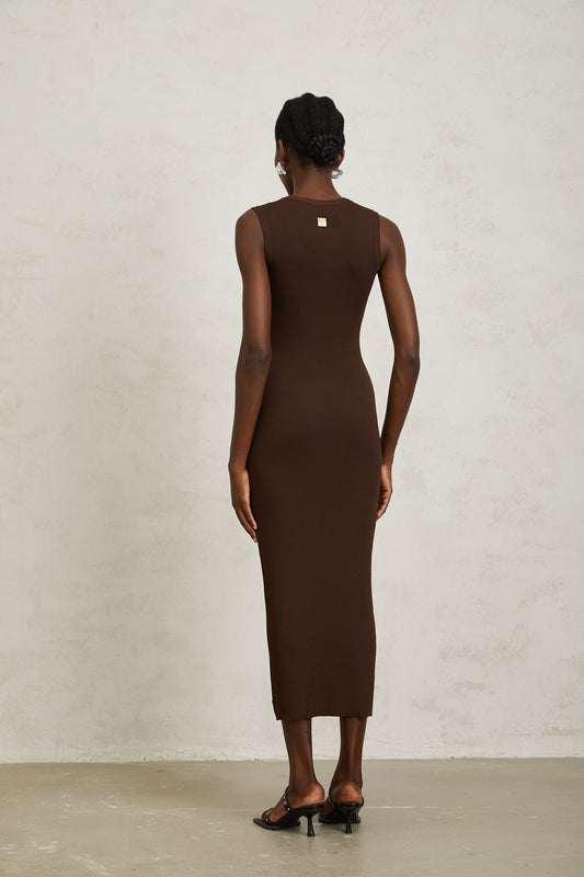 Gaëlle Brown Keyhole Ribbed Knit Midi Dress