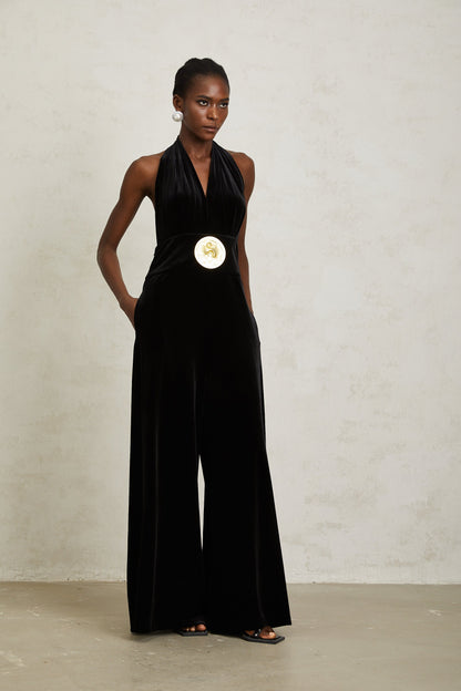Valentine Black Halterneck Velvet Jumpsuit
