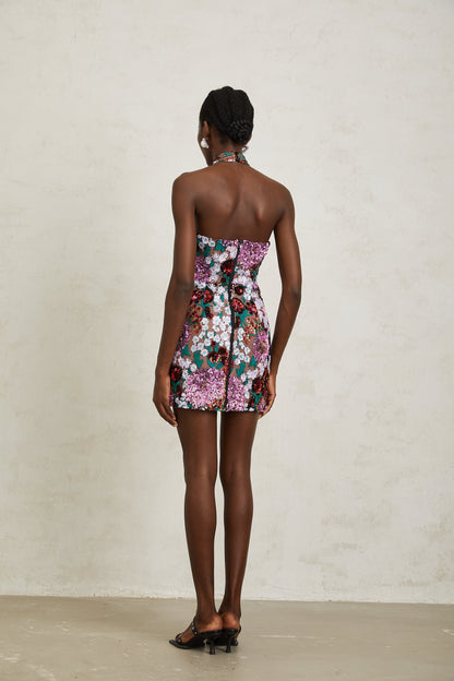 Clara Purple Sequined Floral Embroidered Mini Dress