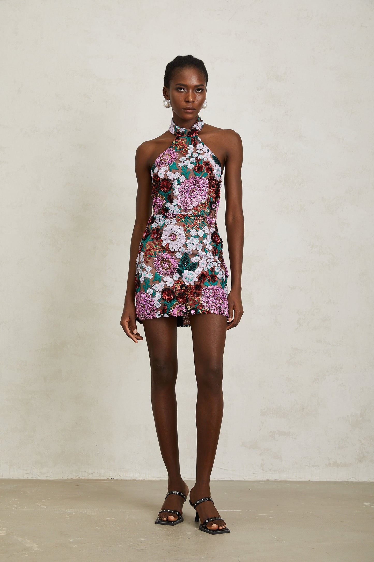 Clara Purple Sequined Floral Embroidered Mini Dress