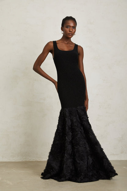 Gemma Black 3D Petal Panel Mermaid Maxi Dress