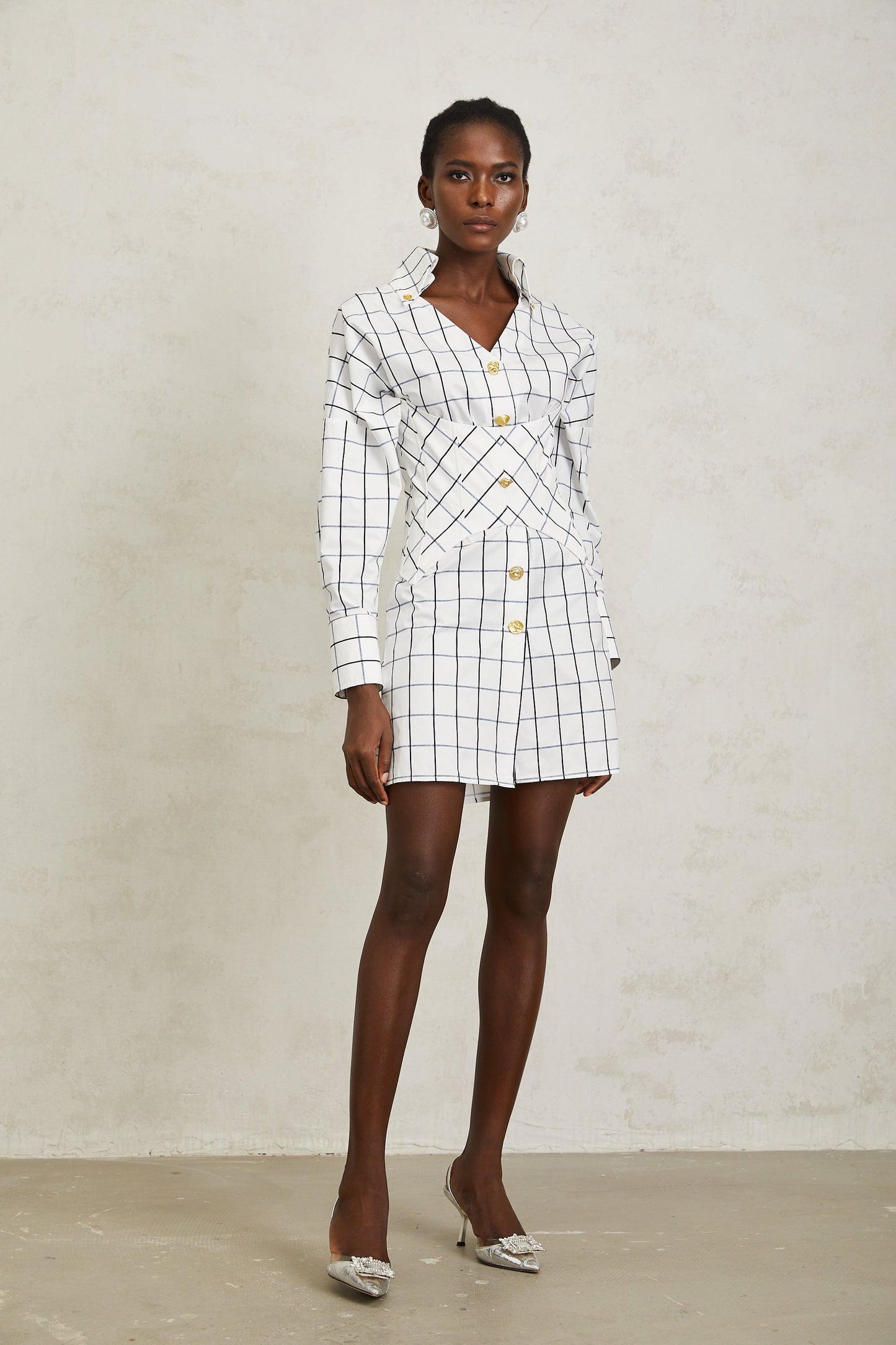 Quintina White Check Pettern Mini Shirt Dress