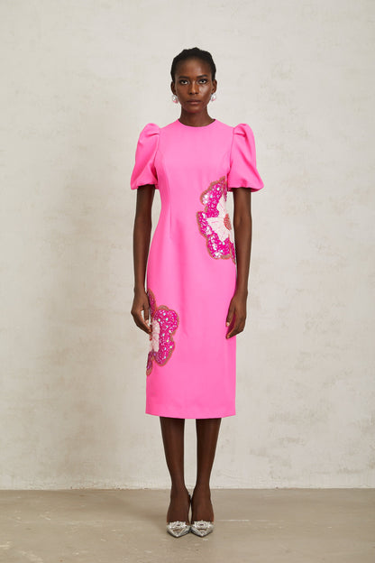 Ángela Pink Embellished Floral Midi Dress