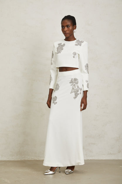 Luna White Crystal Embellished Top & Skirt Set