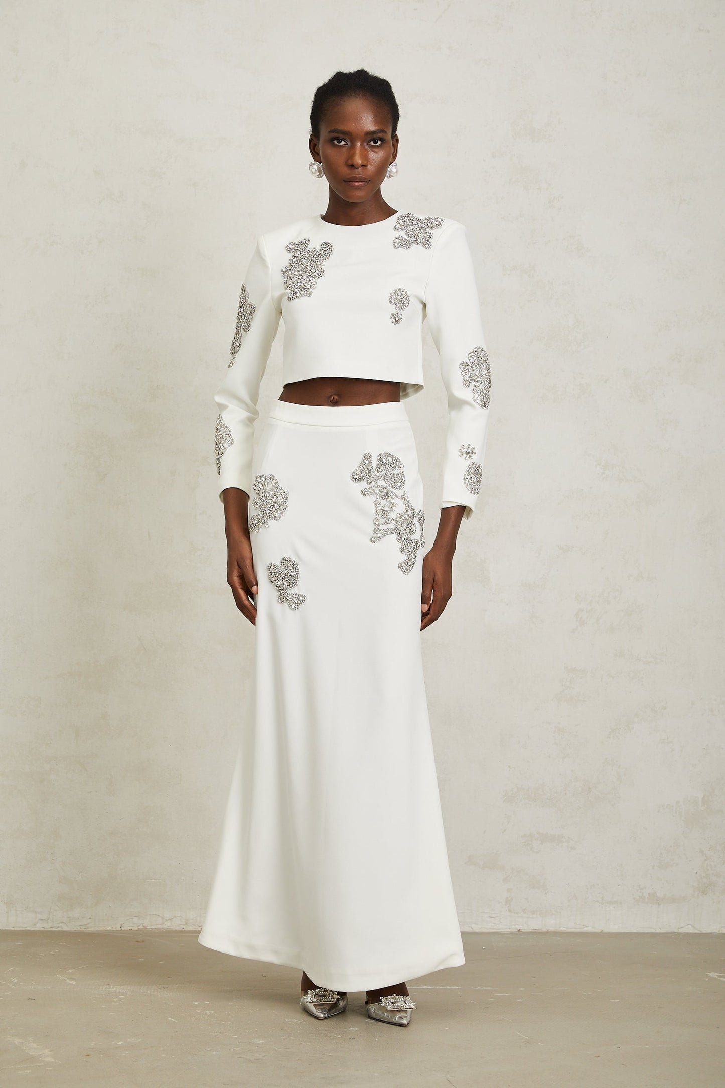 Luna White Crystal Embellished Top & Skirt Set