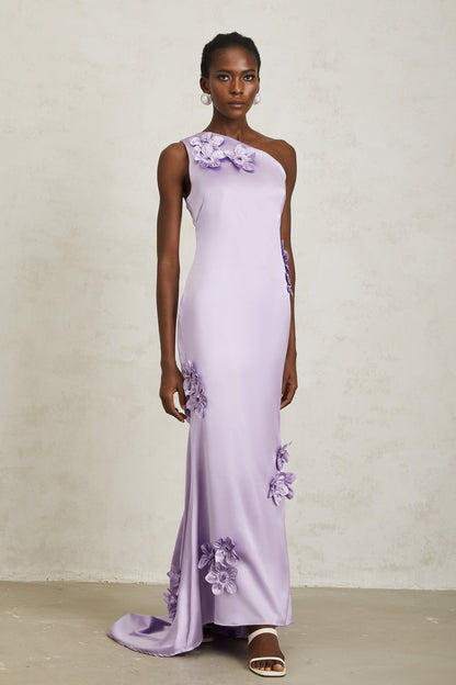 Magali Purple Mono Shoulder Floral Satin Maxi Dress