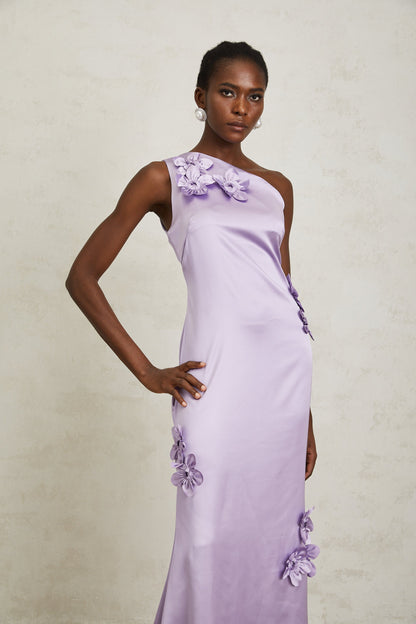 Magali Purple Mono Shoulder Floral Satin Maxi Dress