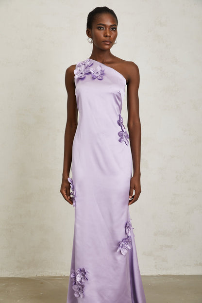 Magali Purple Mono Shoulder Floral Satin Maxi Dress