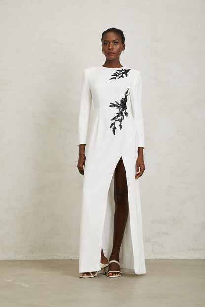 Vanessa White Beaded Floral Appliqué Maxi Dress