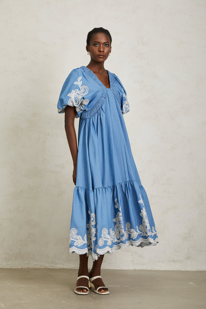 Héloïse Blue Floral Embroidered Shirred Midi Dress